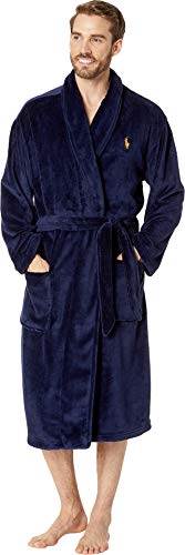 POLO RALPH LAUREN Microfiber Plush Long Sleeve Shawl Collar Robe Cruise Navy/Basic Gold Pony Print LG-XL