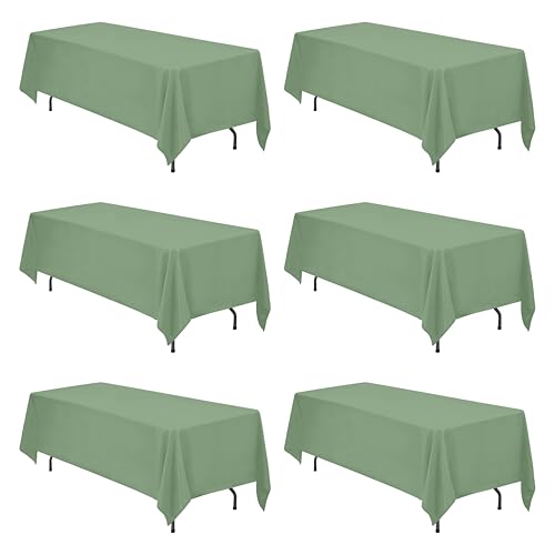 Image of BRILLMAX 6 Pack Sage Green Tablecloths 70 x 120 Inch for 6ft & 8ft Rectangle Tables - 150 GSM Polyester Fabric, Universal Fit, Water, Stain & Wrinkle Resistant Cloth Cover for Wedding Banquet