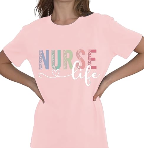 Image of Women Nurse Shirts Nursing Life Letter Short Sleeve Register Nurses Inspirational Tee