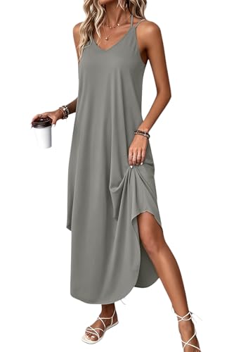 NobSuit Lässiges Maxikleid Damen Sommer Ärmelloses Trägerkleid mit V-Ausschnitt Lockeres Fließendes Freizeitkleid mit Seitenschlitz Polyester-Elasthan Strandkleid für Alltag & Urlaub