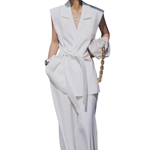 Summer Womens Business Suit 2 Piece Sleeveless Suit Set for Women (Sleeveless Jacket+Pants+Belt) - Main Image