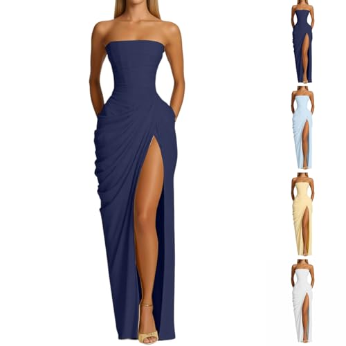 Generisch Vestido de noche para mujer, maxi vestido de baile, plisado asimétrico, vestido de novia, elegante cruzado frontal con cordones en la espalda con abertura en la espalda, vestidos de noche