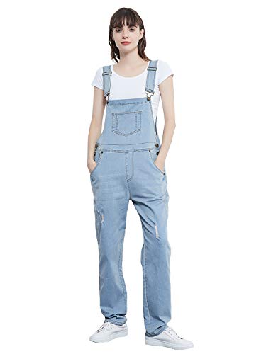 Anna-Kaci Womens Distressed Denim Overalls with Tapered Leg and Pockets, Light Denim Summer Breeze Overall, Medium