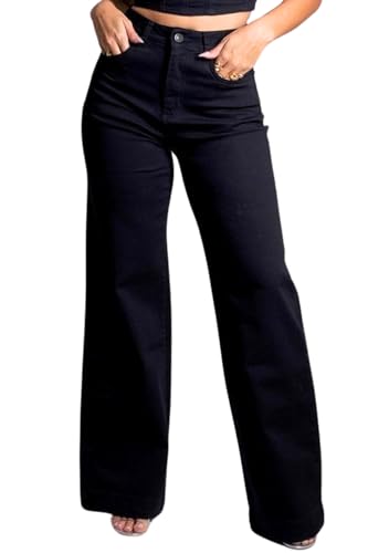 Sawary Calça Sarja Jeans Wide Leg Cintura Alta Com Elastano Premium (BR, Numérico, 40, Preta)