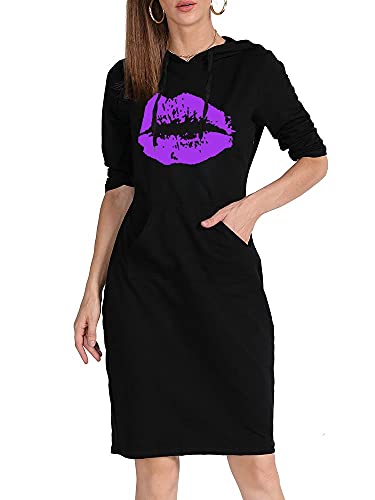Magicmk Women Long Sleeve Print Lips Slim Fitted Knee Length Sweatshirt With Pocket Casual Pullover Hoodie Dress (Hblack+Purple, M) #TOP2