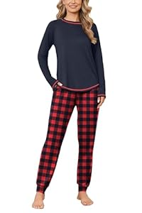 Ekouaer Schlafanzug für Damen Lang Weich Pyjama Set Kuschelig Zweiteiliger Sleepwear Winter Hausanzug 2025 Schwarzrot L