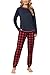 Ekouaer Schlafanzug für Damen Lang Weich Pyjama Set Kuschelig Zweiteiliger Sleepwear Winter Hausanzug 2025 Schwarzrot L