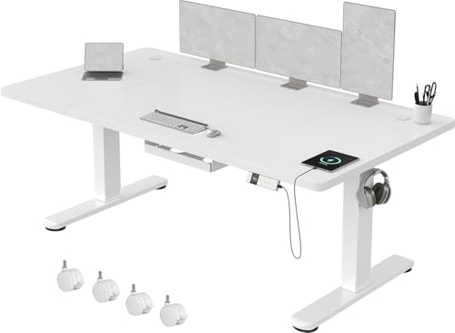 Devoko 160 x 80 cm Escritorio Elevable Eléctrico de Carga USB C, Escritorio Ajustable en Altura con Tablero, 3 Función de Memoria y Anticolisión, Regulable en Altura 72-118cm,Blanco
