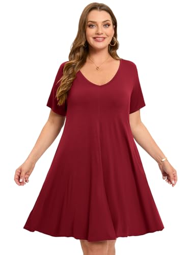 Image of ZENNILO Women's Plus Size Swing Dress with Pockets Casual Summer Dresses V Neck Short Sleeve T Shirt Dress for Women