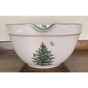 Spode Christmas Tree Batter Jug 2 Quart Mixing Batter Bowl with Handle and Precision Pour Spout Fine Earthenware Holiday Baking Tool Festive Bakeware for Christmas Dishwasher Microwave Safe