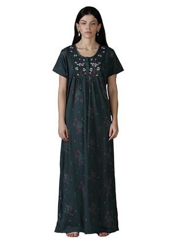 Image of 9shines Label Stylish Cotton Blend Embroidered Maxi Nightdress for Women with Pocket| Full Length Nightwear| Premium Nightdress| Comfortable Nightwear(5256)