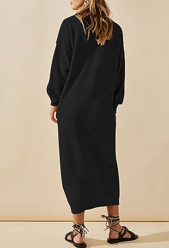 Image of Cutiefox Women's Fall Winter Sweater Long Dress Button V Neck Batwing Long Sleeve Oversized Waffle Knit Dresses