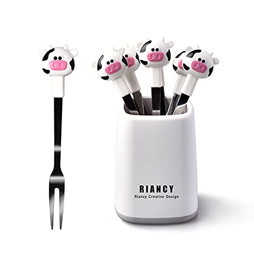 Lot de 6 fourchettes à dessert en acier inoxydable à deux dents avec poignée en forme de mollet et base de rangement (Blanc)