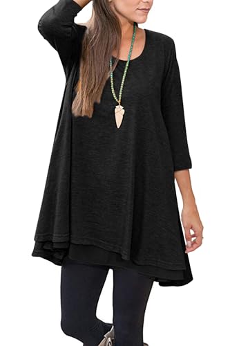 Poetsky Womens 3/4 Sleeve Tunic Tops to Wear with Leggings Layered Chiffon Hem Casual Long Shirts with Pockets