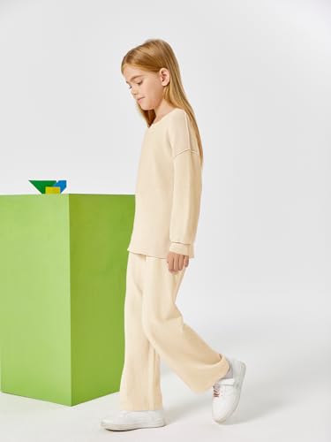 Image of Haloumoning Girls 2 Piece Outfits Kids Long Sleeve Crewneck Sweater Drawstring Wide Leg Long Pants Sweatsuits Sets 5-14T