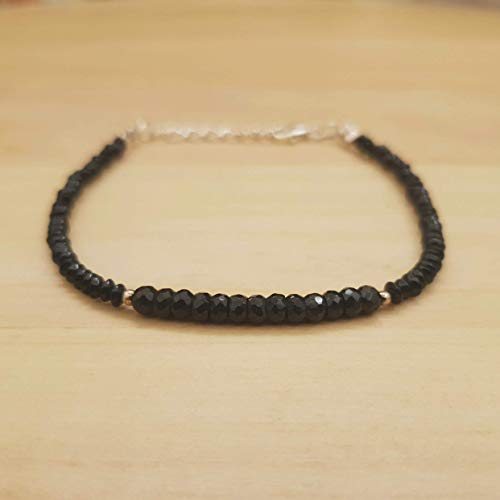 Black Spinel Roundel Saucer Beads Bracelet Sterling Silver August Birthday Gift for her Jewelry