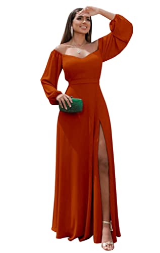 Women's Long Sleeves Bridesmaid Dresses with Slit A-line Off The Shoulder Chiffon Formal Evening Dress