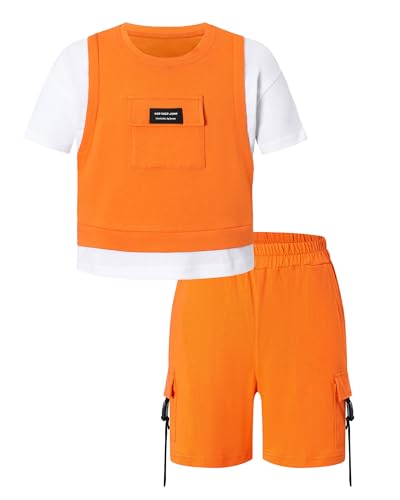 Image of SANGTREE 2Pcs Cotton Boys Clothes Short Sleeve T-Shirt and Shorts Teen Kids Summer Casual Outfit Boy Sets, 3-12 Years
