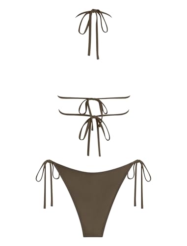 Image of ZAFUL Halter Swimsuits for Women Textured Backless 2 Piece Bathing Suits Cheeky High Cut String Tie Side Bikini Sets