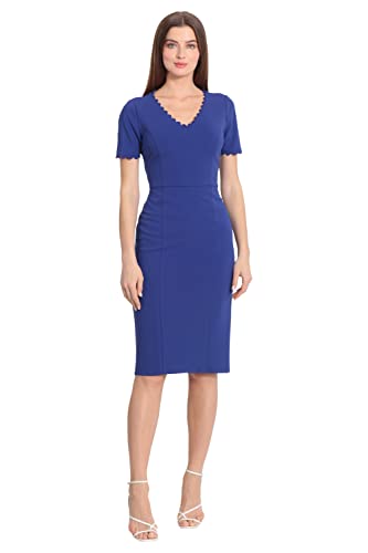 Image of Maggy London Women's Scallop Trim V-Neck and Short Sleeve Desk to Dinner Office Workwear Event Occasion Guest of