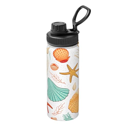 Sea Shell Coral Stainless Steel Vacuum Insulated Water Bottle 18oz/530ml, Ocean Starfish Leakproof Flask with Carry Handle Thermal Mug for Sport School Travel Gym Commuting