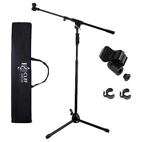 Clef Audio Labs Tripod Mic Stand, One-Handed Clutch Height Adjustment and Telescopic Boom Arm - Cable Management Clips, Universal Mic Holder Mount, Adapter and Carry Bag included Cover