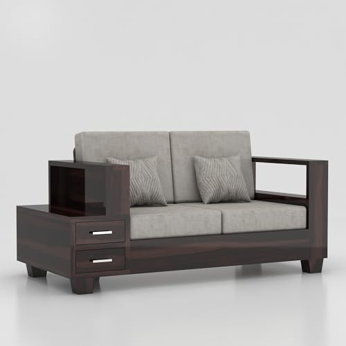 Image of Sheesham Wooden 2 Seater Sofa for Living Room | Solid Wood Sofa with Side Box Storage & Cushion | Rosewood Sofa Set for Home & Office | Lounge (Walnut, 2 Seater)