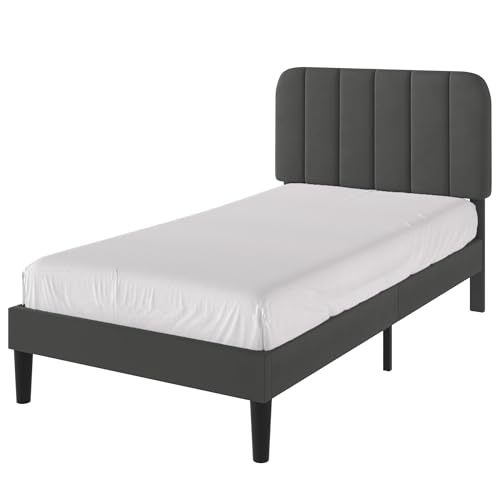 Image of VECELO Twin Size Bed Frame with Upholstered Headboard, Velvet Platform Bedframe Mattress Foundation, Strong Wood Slat Support, No Box Spring Needed,Grey