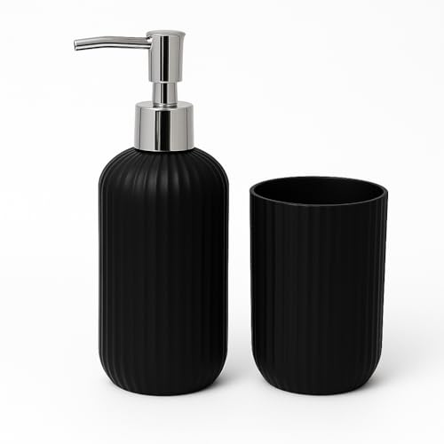 Image of LAGET Bathroom Accessories Set for Utility and Toothbrush Holder Bathroom Decor | Handwash Liquid Soap Dispenser Pump for Bathroom, Kitchen, Wash Basin, Sink Ribbed Design (Black)