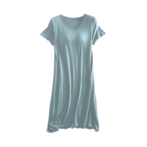 Women's Soft Nightgown Frilly Sleep Dress Summer Short Sleeve Comfy Midi Sleepwear with Built in Shelf Bra