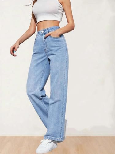 Image of KOTTY Women's High Waist Wide Leg Button Coin Pocket Straight Fit Jeans Stylish Regular to Plus Size Fit Denim Jeans for Women