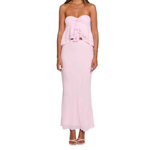 Two Piece Maxi Skirt Sets for Women Strapless Ruffles Tube Tops High Waist Long Skirts Summer Outfits Set