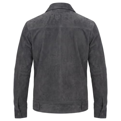 Image of Mens Polo Collar Zipper Suede Shirts Long Sleeve Shacket Suede Trucker Jacket Real Suede Leather Shirt
