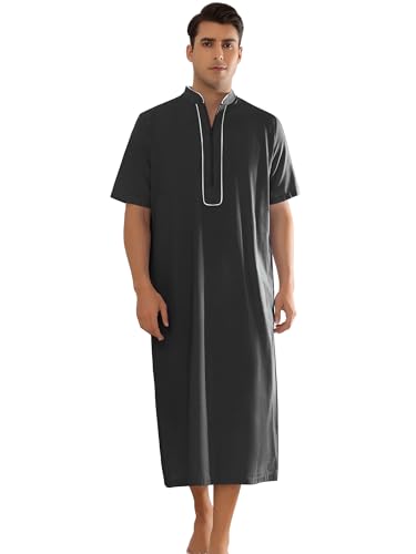 Lars Amadeus Long Nightgown for Men's Loose Fit Short Sleeves Stand Collar Zipper Nightshirts