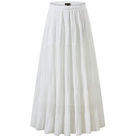 NASHALYLY Women's Chiffon Elastic High Waist Pleated A-Line Flared Maxi Skirts, White, Medium Cover