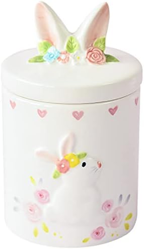 AIZOEVCN Flowers Rabbit Embossed Small Ceramic Cookie Jar 180ml, 3 "W x 4.8 "H Handmade Cute Print Candy Jars, Vintage Decorative Cookie Jars for Kitchen Counter.