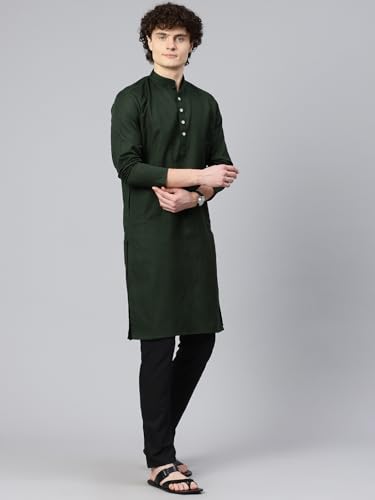 Image of Majestic Man Men's Cotton Regular Fit Casual Mandarin Collar Ethnic Motifs Solid Long Kurta