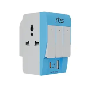 Rts 3 Pin Multi Plug Socket-Worldwide Universal Travel Adapter with USB Ports & Type-C PD Individual Switch Safety Shutter LED Indicator-3 Way Plug Socket (5A-250V) Type D Plug for Home Office Blue