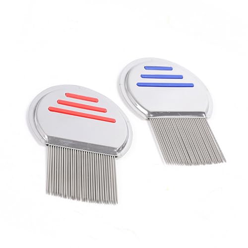 AgWenKui 2pcs Professional Stainless Steel Lice Comb - Toothed Nit Remover for Thorough Head Lice Treatment, Prevention and Egg Removal Effectively Gets Rid of Lice and Nits, Best for Infection Control, Blue and Red