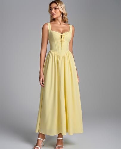 Image of GLNEGE Womens Corset Midi Dress Spring Wedding Guest A-line Flowy Dresses Lace Up Summer Tea Party Long Sundress for 2026