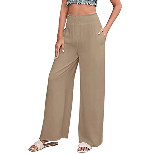 Women Flowy Wide Leg Pants Solid Color Elastic Waist Casual Palazzo Pants Skin-Friendly Dropping Feel Soft (Khaki, L)