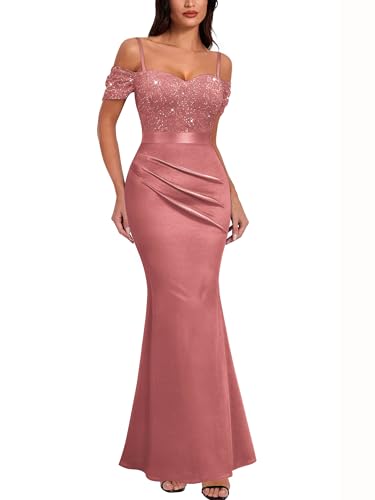 Image of Miusol Women's Elegant Sequin Lace Spaghetti Straps Formal Satin Maxi Dress