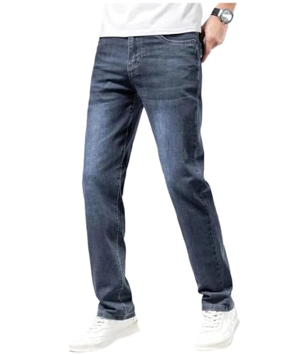 Men's Summer Cotton Jeans Thin Straight Denim Pants Elastic Waist Comfortable Business Casual Trousers