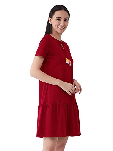 Image of Miss Chase Women's Maroon Round Neck Short Sleeve Solid Comfortable Regular Length Dress with Pockets