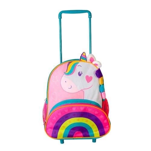 Mochila Infantil Com Rodinhas Unicórnio Rosa Espaçosa Alça Ajustável Material Resistente Bolso Frontal Cores Vivas Design Lúdico e Confortável