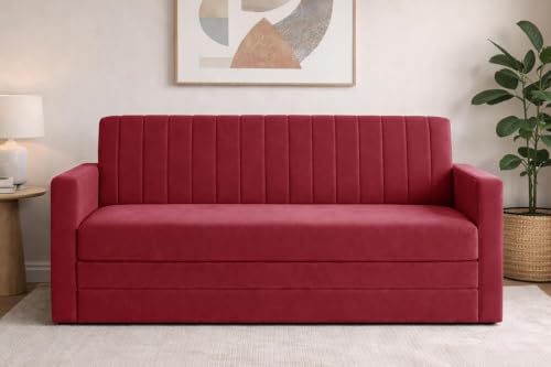 Image of Sofa-Cum-Bed | 3-Seater Foladable Sofa Couch with Armrest | Modern Fabric Sofa for Living Room, Bedroom & Office-Red-Color