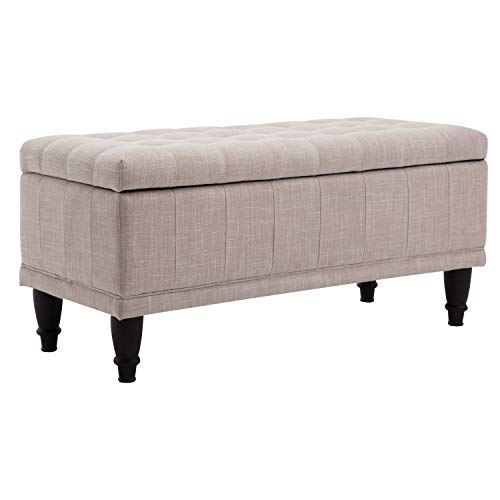 HOMCOM Large 42 Tufted Linen Fabric Ottoman Storage Bench with Soft Close Lid - Cream White