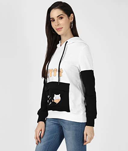 Image of UrbanMark Women Graphic Printed Colorblock Hooded Sweatshirt-White