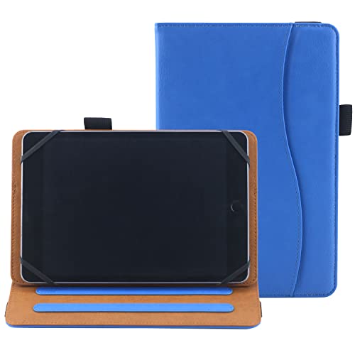 6 7 8 Inch Universal Tablet Case Folio Leather Stand Shell Case with Adjustable Angle Band and Pouch for Documents Cards and Pen Holder (Blue)