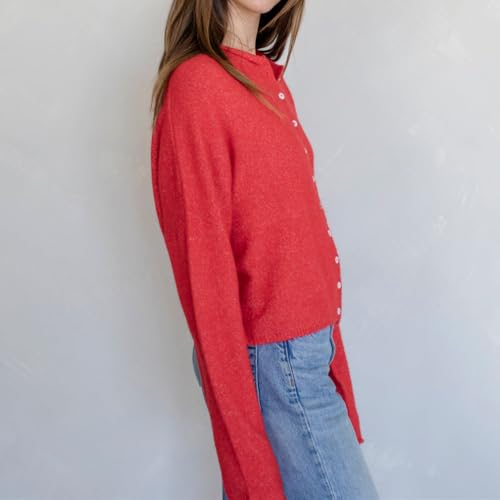 Image of Women Lightweight Cardigan Sweater Button Down Long Sleeve Crewneck Crop Knit Cardigans Casual Basic Knitwear(Red,M)